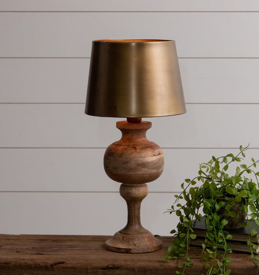 Table Lamp - Wood with Brass Tone Metal Shade